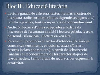  Lectura guiada de diferents textos literaris: mostres de
literatura tradicional oral (faules,llegendes,cançons,etc.)
i d’altres gèneres, tant en suport escrit com audiovisual.
 Audició i lectura d’obres adequades a l’edat i als
interessos de l’alumnat: audició i lectura guiada, lectura
personal i silenciosa, i lectura en veu alta.
 Recreació i producció de textos d’intenció literària per
comunicar sentiments, emocions, estats d’ànim o
records (relats,poemes,etc.), a partir de l’observació,
l’anàlisi i el reconeixement de les característiques de
textos models, i amb l’ajuda de recursos per expressar la
creativitat.
 