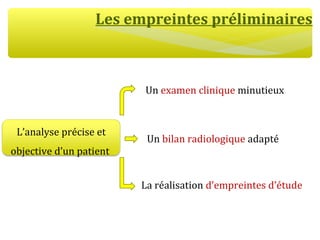 Les empreintes préliminaires
L’analyse précise et
objective d’un patient
Un examen clinique minutieux
Un bilan radiologique adapté
La réalisation d’empreintes d’étude
 