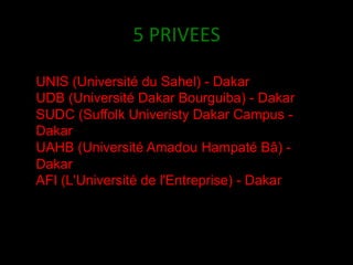 5	
  PRIVEES
	
  
UNIS (Université du Sahel) - Dakar
UDB (Université Dakar Bourguiba) - Dakar
SUDC (Suffolk Univeristy Dakar Campus Dakar
UAHB (Université Amadou Hampaté Bâ) Dakar
AFI (L'Université de l'Entreprise) - Dakar

 