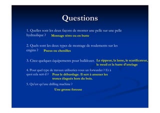 QuestionsQuestions
1. Quelles sont les deux façons de monter une pelle sur une pelle
hydraulique ?
2. Quels sont les deux types de montage de roulements sur les
engins ?
3. Citez quelques équipements pour bulldozer.
4. Pour quel type de travaux utiliseriez-vous un forwarder ? Et à
quoi cela sert-il ?
5. Qu’est qu’une drilling machine ?
Montage rétro ou en butte
Pneus ou chenilles
Le rippeur, la lame, le scarificateur,
le treuil et la barre d’attelage
Pour le débardage. Il sert à amener les
troncs élagués hors du bois.
Une grosse foreuse
 
