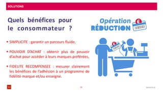 SOLUTIONS
08/04/201625
Quels bénéfices pour
le consommateur ?
 SIMPLICITE : garantir un parcours fluide,
 POUVOIR D’ACHAT : obtenir plus de pouvoir
d’achat pour accéder à leurs marques préférées,
 FIDELITE RECOMPENSEE : mesurer clairement
les bénéfices de l’adhésion à un programme de
fidélité marque et/ou enseigne.
 