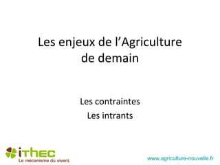 Les enjeux de l’Agriculture
        de demain


       Les contraintes
         Les intrants



                         www.agriculture-nouvelle.fr
 