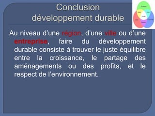 Au niveau d’une région, d’une ville ou d’une
entreprise, faire du développement
durable consiste à trouver le juste équilibre
entre la croissance, le partage des
aménagements ou des profits, et le
respect de l’environnement.

 