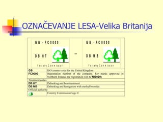 OZNAČEVANJE LESA-Velika Britanija
      G B - FC 0000                                G B - FC 0000

                                           or
      DB HT                                        DB M B

        F o r e s tr y C o m m is s io n             F o r e s tr y C o m m is s io n
 GB                 ISO country code for the United Kingdom
 FC0000             Registration number of the company. For marks approved in
                    Northern Ireland, the registration will be NI0000)
 Treatment codes:
 DB HT             Debarking and heat-treatment
 DB MB             Debarking and fumigation with methyl bromide.
 Official authority:
                   Forestry Commission logo ©
 