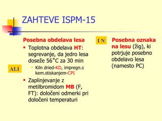 ZAHTEVE ISPM-15

      Posebna obdelava lesa               IN   Posebna oznaka
       Toplotna obdelava HT:                  na lesu (žig), ki
        segrevanje, da jedro lesa              potrjuje posebno
        doseže 56˚C za 30 min                  obdelavo lesa
               Kiln dried-KD, impregn.s        (namesto PC)
ALI        

               kem.stiskanjem-CPI
         Zaplinjevanje z
          metilbromidom MB (F,
          FT): določeni odmerki pri
          določeni temperaturi
 