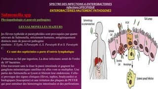 SPECTRE DES INFECTIONS A ENTEROBACTERIES
infections SPECIFIQUE
ENTEROBACTERIES HAUTEMENT PATHOGENES
Salmonella spp
Physiopathologie et pouvoir pathogène:
LES SALMONELLES MAJEURS
les fièvres typhoïde et paratyphoïdes sont provoquées par quatre
sérovars de Salmonella, strictement humains, antigéniquement
distincts mais de pouvoir pathogène
similaire : S.Typhi, S.Paratyphi A, S. Paratyphi B et S. Paratyphi
C.
Ce sont des septicémies a porte d’entrée lymphatique
l’infection se fait par ingestion, La dose infectante serait de l'ordre
de 105 bactéries.
Elles traversent sans la léser la paroi intestinale et gagnent les
ganglions mésentériques satellites où elles vont se multiplier. Une
partie des Salmonella se lysent et libèrent leur endotoxine. Celle-
ci provoque des signes cliniques (fièvre, tuphos, bradycardie) et
biologiques (leucopénie) et une irritation des plaques de PEYER
qui peut entraîner des hémorragies intestinales et des perforations.
 