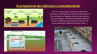 IX.prophylaxie des infections a enterobactéries
*Hormis la peste (rats), la plupart des infections a
entériques a entérobactéries sont liés au péril fécal. La
lutte est basée sur l’hygiène de l’eau et des aliments,
ainsi qu’à l’hygiène à l’échelle individuelle (lavage des
mains) et collective (construction de latrines et de
fausses septiques, traitement des eaux usées …)
.
 
