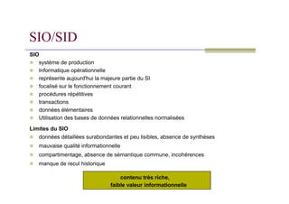 SIO/SID
SIO
 système de production
 Informatique opérationnelle
 représente aujourd'hui la majeure partie du SI
 focalisé sur le fonctionnement courant
 procédures répétitives
 transactions
 transactions
 données élémentaires
 Utilisation des bases de données relationnelles normalisées
Limites du SIO
 données détaillées surabondantes et peu lisibles, absence de synthèses
 mauvaise qualité informationnelle
 compartimentage, absence de sémantique commune, incohérences
 manque de recul historique
contenu très riche,
faible valeur informationnelle
 