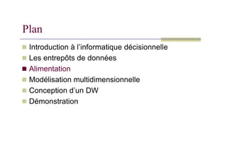 Plan
 Introduction à l’informatique décisionnelle
 Les entrepôts de données
 Alimentation
 Modélisation multidimensionnelle
 Modélisation multidimensionnelle
 Conception d’un DW
 Démonstration
 