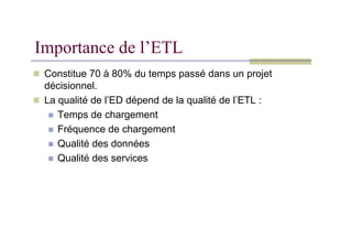 Importance de l’ETL
 Constitue 70 à 80% du temps passé dans un projet
décisionnel.
 La qualité de l’ED dépend de la qualité de l’ETL :
 Temps de chargement
Fréquence de chargement
 Fréquence de chargement
 Qualité des données
 Qualité des services
 