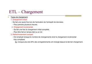Types de chargement:
1. Chargement initial:
- Se fait une seule fois lors de l'activation de l'entrepôt de données;
- Peut prendre plusieurs heures.
2. Chargement incrémental:
- Se fait une fois le chargement initial complété;
- Peut être fait en temps-réel ou en lot.
ETL – Chargement
- Peut être fait en temps-réel ou en lot.
3. Rafraîchissement complet:
- Est employé lorsque le nombre de changements rend le chargement incrémental
trop complexe;
Ex: lorsque plus de 20% des enregistrements ont changé depuis le dernier chargement.
 