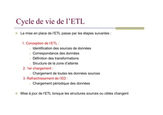 Cycle de vie de l’ETL
 La mise en place de l’ETL passe par les étapes suivantes :
1. Conception de l’ETL :
 Identification des sources de données
 Correspondance des données
Définition des transformations
 Définition des transformations
 Structure de la zone d’attente
2. 1er chargement :
 Chargement de toutes les données sources
3. Rafraichissement de l’ED :
 Chargement périodique des données
 Mise à jour de l’ETL lorsque les structures sources ou cibles changent
 