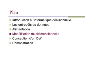 Plan
 Introduction à l’informatique décisionnelle
 Les entrepôts de données
 Alimentation
 Modélisation multidimensionnelle
 Modélisation multidimensionnelle
 Conception d’un DW
 Démonstration
 