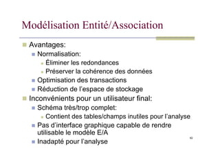 Modélisation Entité/Association
 Avantages:
 Normalisation:
 Éliminer les redondances
 Préserver la cohérence des données
Optimisation des transactions
62
 Optimisation des transactions
 Réduction de l’espace de stockage
 Inconvénients pour un utilisateur final:
 Schéma très/trop complet:
 Contient des tables/champs inutiles pour l’analyse
 Pas d’interface graphique capable de rendre
utilisable le modèle E/A
 Inadapté pour l’analyse
 