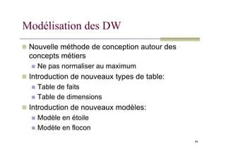 Modélisation des DW
 Nouvelle méthode de conception autour des
concepts métiers
 Ne pas normaliser au maximum
 Introduction de nouveaux types de table:
64
 Introduction de nouveaux types de table:
 Table de faits
 Table de dimensions
 Introduction de nouveaux modèles:
 Modèle en étoile
 Modèle en flocon
 