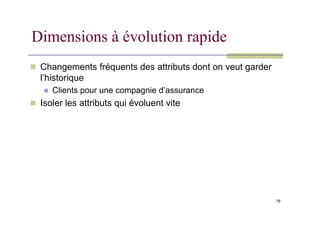 Dimensions à évolution rapide
 Changements fréquents des attributs dont on veut garder
l’historique
 Clients pour une compagnie d’assurance
 Isoler les attributs qui évoluent vite
79
 