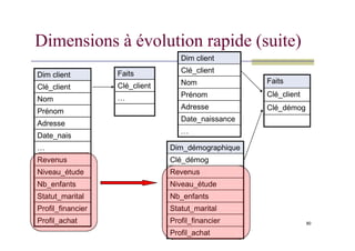 Dimensions à évolution rapide (suite)
Dim client
Clé_client
Nom
Prénom
Adresse
Dim client
Clé_client
Nom
Prénom
Adresse
Date_naissance
Faits
Clé_client
…
Faits
Clé_client
Clé_démog
80
Dim_démographique
Clé_démog
Revenus
Niveau_étude
Nb_enfants
Statut_marital
Profil_financier
Profil_achat
Adresse
Date_nais
…
Revenus
Niveau_étude
Nb_enfants
Statut_marital
Profil_financier
Profil_achat
…
 