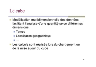 Le cube
 Modélisation multidimensionnelle des données
facilitant l’analyse d’une quantité selon différentes
dimensions:
 Temps
90
 Localisation géographique
 …
 Les calculs sont réalisés lors du chargement ou
de la mise à jour du cube
 