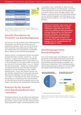 Spezielle Dienstleister als
Vermittler von Ratenkaufoptionen
Hat man sich für das Anbieten einer Ratenkaufoption
entschieden und möchte die Forderung an ein
Kreditinstitut abtreten, steht man vor der Qual der
Wahl hinsichtlich eines Ratenkaufvermittlers. Auf
dem Markt haben sich Dienstleister, wie RatePAY,
Klarna, BillPay auf die Vermittlung spezialisiert.
Weitaus seltener sind klassische Banken als direkte
Anbieter/Vermittler vertreten, obwohl sie – so die
Experten – aufgrund des Vertrauens und Marken-
images dafür prädestiniert wären. Grund dafür ist u.
a. die oft fehlende „E-Commerce-DNA“ bei den Ban-
ken, die den E-Commerce-Markt – als „nur“ kleinen
Teil des Einzelhandels – häufig noch unterschätzen,
das Nichtwahrnehmen des Potentials der Raten-
kaufoption und das Festhalten an ihren „Offline-
Denkstrukturen“. Auch wenn Banken bei den von
den Händlern abgetretenen Forderungen bei einem
Ratenkauf als Gläubiger, die das Risiko übernom-
men haben, im Hintergrund sind, treten sie dennoch
derzeit kaum in Erscheinung. Der Produktvertrieb
und die technische Abwicklung bleiben somit in der
Regel in den Händen der spezialisierten Dienstleister.
Kriterien für die Auswahl
eines Ratenkaufanbieters bzw.
-vermittlers
Wichtigstes Kriterium bei der Wahl eines Ratenkauf-
anbieters sind für den Onlinehändler die entstehen-
den Kosten. Diese müssen auf dem Niveau anderer
Zahlungsverfahren liegen, da die Bereitschaft, mehr
zu bezahlen, kaum vorhanden ist. Aber auch die
offene Kommunikation von Verbraucher- und Daten-
schutzmaßnahmen nimmt eine zentrale Stellung ein
und wird in Zukunft immer wichtiger werden. Des
Weiteren wurde der Wunsch nach Standardmodulen,
die eine einfache Integration der Zahlungsart in den
eigenen Shop ermöglichen, von vielen der Befragten
geäußert.
Während für Händler neben einem um-
fangreichen Reporting-Tool vor allem
Transparenz gegenüber dem Kunden
sowie eine garantierte Risikoübernahme
wichtige Eigenschaften des Ratenkauf-
produkts darstellen, sind garantierte
Annahmequoten durch den Anbieter
(z. B. eine garantierte Annahme von
mindestens 50% aller Kundenanfragen)
dagegen eher ein vergleichsweise ver-
nachlässigbares Thema.
Einschränkungen beim
Ratenkaufangebot
Auch wenn bereits jeder vierte Befragte in der Ver-
gangenheit seinen Ratenkaufanbieter gewechselt
hat, so bereut die Mehrheit der Onlinehändler, die
den Ratenkauf als Zahlungsoption anbieten, die
Einführung im Nachhinein nicht. Allerdings grenzen
viele die Ratenkaufoption gezielt ein. Nur die Hälfte
der Händler bietet Ratenkauf jedem Kunden an.
E-Commerce // Heute kaufen, später bezahlen – hohes Umsatzpotential für den Ratenkauf im E-Commerce
17
Produktsegmente, in denen Ratenkauf am häufigsten angeboten wird.
Quelle: ibi research: Ratenkauf und im E-Commerce – Status quo und
der Weg zum erfolgreichen Einsatz. S. 49.
Ratenkauf wird nicht jedem Kunden angeboten. Quelle: ibi research:
Ratenkauf im E-Commerce – Status quo und der Weg zum erfolgreichen
Einsatz. S. 47.
 