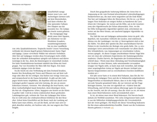 5   Meilensteine und Wegweiser                                                                                                                        5


                                              unaufhörlich zutage.             Durch ihre geograﬁsche Isolierung bildeten die Arten hier in




                                                                                                                                                     O RT
                                              Immer neue Lava- und          Anpassung an die vom Festland abweichenden Lebensbedingungen
                                              Aschenlagen türmten sich      Sonderformen aus, die man sonst nirgendwo auf der Erde ﬁndet.




                                                                                                                                                     Galápagos
                                              auf dem Meeresboden,          Nur hier auf Galápagos leben die Meerechsen. Die bis zu 1,30 Meter
                                              und dann erhoben die          langen Tiere bedecken an einigen Stellen zu hunderten die Lava-
                                              Glut speienden Vulkane        felsen der Uferregion. Sie warten auf die Ebbe, um in der Gezeiten-
                                              ihre Häupter aus der          zone den Algenbewuchs der Felsen abzuweiden. Dort, wo die
                                              tosenden See. Die Galápa-     bei Ebbe freiliegenden Algenfelder spärlich sind, schwimmen sie
                                              gos-Inseln waren geboren.     weiter auf das Meer hinaus, um tauchend üppigere Algenfelder zu
                                                 Die Inselgruppe liegt      beweiden.
                                              direkt unter dem Äquator,        Die Zahl der nur auf Galápagos auftretenden Arten ist groß. Alle
                                              960 Kilometer vor der         Reptilien, mit Ausnahme vielleicht der Geckos, sind endemisch,




                                                                                                                                                     BÜHNE
                                              Westküste Ecuadors,           ebenso wie die Landsäuger; von den 57 Brutvogelarten sind es fast
                                              zusammengenommen              die Hälfte. Vor allem aber spielen die eher unscheinbaren Darwin-
                                              hat sie eine Landﬂäche        Finken in der Geschichte der Biologie eine große Rolle. Die 13 orts-




                                                                                                                                                     Evolution
    von 7882 Quadratkilometern. Tropische Inseln! Unsere Vorstellung        ansässigen Arten unterscheiden sich voneinander vor allem durch
    verbindet mit diesem Begriff grünen Palmenstrand, bunte Vögel           ihre Schnabelform, was Anpassungen an verschiedene Lebens-
    und üppige, Lianen verwobene Wälder mit seltenen Orchideen.             weisen spiegelt. An dieser Gruppe unscheinbarer kleiner Vögel kön-
    Aber hier auf Galápagos werden diese Erwartungen nicht erfüllt.         nen wir eines der schönsten Experimente der Stammesgeschichte
    Statt der schlanken Kokospalmen spiegeln sich Kakteen und dürres        studieren. Charles Darwin, der Begründer der Evolutionstheorie,
    Gestrüpp in der See, denn die Küstenregion ist wüstenhaft trocken.      schrieb dazu: »Wenn man diese Abstufung und Verschiedenartigkeit
    Der kalte Humboldtstrom bestimmt nämlich das Klima der Insel-           der Struktur in einer kleinen, nahe untereinander verwandten
    gruppe. Nur von Dezember bis März fällt hier Regen. Erst dann           Gruppe von Vögeln sieht, so kann man sich vorstellen, daß infolge




                                                                                                                                                     SZENE
    schmückt üppiges Grün die Küste.                                        einer ursprünglichen Armut an Vögeln auf diesem Archipel eine
       Da die Inseln nie eine Verbindung mit dem Festland besaßen,          Spezies hergenommen und zu verschiedenen Zwecken modiﬁziert
    konnte ihre Besiedlung mit Tieren und Pﬂanzen nur auf dem Luft-         worden sei.«




                                                                                                                                                     Natur
    wege oder über die See erfolgen. Das hielten nur wenige Arten aus,         Ein Jahr zuvor hatte er in einem Brief bekannt, dass ihn die Ver-
    und entsprechend ist die Fauna lückenhaft. Es gibt auf den Galá-        breitung der Galápagos-Tiere und die in Südamerika aufgefundenen
    pagos-Inseln keine Amphibien, die Reptilien sind nur durch zwei         Säugerfossilien so beeindruckt hätten, dass er in der Folge verbis-
    Gattungen großer Leguane und eine Gattung, die uns an unsere            sen jede Tatsache gesammelt hätte, die zur Antwort auf die Frage
    Eidechsen erinnert, vertreten. Wer allerdings die Insel betritt, wird   beitragen könnte, was eine Art eigentlich sei. »Zuletzt kam die
    diese Lückenhaftigkeit kaum bemerken, denn diejenigen Arten,            Erleuchtung, und ich bin nun nahezu überzeugt (ganz im Gegensatz
    die hier als »Eingeborene« leben, begegnen uns bereits an der Küste     zu der Ansicht, mit der ich auszog), dass die Arten (es ist, als müsse
    in großer Zahl. Und da es keine endemischen Beute greifenden            man einen Mord bekennen) nicht unveränderlich sind.«
    Landsäugetiere gab, verloren die Tiere der Galápagos ihre Scheu.           Es ist, als müsse man einen Mord bekennen: Für Darwin brach
    Das ist wohl eines der eindrucksvollsten Erlebnisse für den Besu-       damals ein Weltbild zusammen. Wie seine Zeitgenossen hatte auch
    cher: Schon beim Einschiffen auf die Boote nach der Landung auf         er aus der biblischen Schöpfungsgeschichte die Unveränderlich-
    Baltra kann man erleben, wie auf der Bank, auf der man sein Ge-         keit der Arten gefolgert. Der Bruch mit dieser Vorstellung bedeutete
    päck abstellen möchte, ein Seelöwe ruht, der nur ungern den Platz       für ihn einen außerordentlichen Konﬂikt. Damit war die Evolutions-
    freigibt.                                                               theorie geboren [e Eichstätt 43].

    38                                                                                                                                         39
 