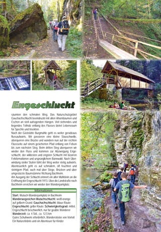 Aussteigen
	     Wandern
		          Einsteigen
Mit dem SBG-WanderBus
    Wutachschlucht
         ins Naturschutzgebiet
                                       Wutachschlucht                                                                              Gauchachschlucht                                               Engeschlucht

    Wutachschlucht



                                                                                                                                                                                  Kanadiersteg



                                      Drei-Schluchten-Wanderung
    SORGLOS GENIESSEN
                                      Wutach- Gauchach-                                                                            Engeschlucht
         Sie die verschiedenen                                                                                                     säumten den schmalen Weg. Das Naturschutzgebiet
         Wanderabschnitte und         Kinder quengeln und nörgeln auf Wanderungen, laufen nicht gerne und finden
                                      Ausflüge mit den Eltern uncool. Kennen Sie das? Dann verbringen Sie doch mal mit             Gauchachschlucht beeindruckt mit alten Ahornbäumen und
     der WanderBus bringt Sie von
            Mai bis Oktober                                                                                                        Eschen an steil aufragenden Hängen. Viel stehendes und
                                      Kindern einen Wandertag in der Wutachschlucht. Da gibt es Felsen und umgestürzte
    an Wochenenden und Feiertagen                                                                                                  liegendes Totholz entlang des Flusses bietet Lebensraum
                                      Bäume zum Klettern, Kiesinseln am Fluss zum Picknicken, Steine werfen und Füße               für Spechte und Insekten.
      zurück zum Ausgangspunkt.
                                      kühlen, schmale Pfade, steile Treppen, Stege und Brücken die eine Wanderung für              Nach der Gaststätte Burgmühle geht es weiter geradeaus
              BEISPIEL                                                                                                             flussaufwärts. Wir passieren eine kleine Stauschwelle,
                                      Kinder interessant machen.
        Anreise mit dem Auto bis                                                                                                   überqueren eine Brücke und wandern nun auf der rechten
        Parkplatz Wutachmühle.        Es war einer der herrlichen noch warmen Herbsttage im Schwarzwald als wir uns zu             Flussseite auf einem gesicherten Pfad entlang von Felsen
     Von dort mit dem WanderBus       einer Wanderung durch gleich drei Schluchten aufmachten: Wutach-, Gauchach- und              bis zum nächsten Steg. Beim dritten Steg überqueren wir
     zur Schattenmühle bzw. nach      Engeschlucht. Wir parkten in Bachheim auf dem Wutach-Wanderparkplatz bei der „Drei-          wieder den Fluss und kommen zur Abzweigung Enge-
       Boll fahren. Ab dort durch     Schluchtenhalle“ und folgten der blauen Raute hinunter an die Wutach. Wir staunten nicht     schlucht, der wildesten und engsten Schlucht mit bizarren
      die Schlucht zurückwandern                                                                                                   Felsformationen und ursprünglichem Bannwald. Nach Über-
                                      schlecht über die vielen Familien mit wandernden Kindern, die uns hier in der Wutach-
           zur Wutachmühle.
                                      schlucht begegneten. Voller Begeisterung für die wildromantische Natur eroberten die         windung steiler Stufen führt der Weg weiter stetig aufwärts.
              SERVICE                 Kinder Kiesbänke entlang des Flusses, kletterten auf Felsen und umgestürzte Baumstäm-        Abenteuerlich geht es auf schmalem, oft feuchten und
                                      me, überquerten fix Stege und Brücken und meisterten spielend die schmalen Pfade             steinigem Pfad, auch mal über Stege, Brücken und über
    Fahrpläne u. Wandervorschläge
     erhalten Sie bei den Tourist-    entlang der Felswände knapp über der Wutach. Von Langeweile keine Spur.                      umgestürzte Baumstämme Richtung Bachheim.
       Informationen und unter        In der Schlucht ging es nun flussabwärts Richtung Wutachmühle bis zum gedeckten              Am Ausgang der Schlucht erinnert ein alter Mühlstein an die
       www.wutachschlucht.de          Kanadiersteg an der Gauchachmündung. Auch hier am Zusammenfluss von Wutach                   Eröffnung der Engeschlucht 1973. Über die Landstraße nach
                                      und Gauchach boten die umgestürzten Bäume, die kleine Wasserinseln einschlossen,             Bachheim erreichen wir wieder den Wanderparkplatz.
       Informationen zum              ein Abenteuer- und Kletterparadies für Kinder und die Erwachsenen genossen die noch
  SBG-WanderBus gibt es im            wärmenden Sonnenstrahlen und das Farbenspiel der schon bunten Bäume im Verbund                                    Informationen:
       SBG-KundenCenter               mit dem grün schimmernden Wasser der Wutach.                                                  Start: Wutach-Wanderparkplatz in Bachheim
        79837 St. Blasien             Hier verlassen wir die Wutach, den letzten unbändigen Wildfluss der deutschen Mittelgebir-    Wanderwegzeichen Wutachschlucht: weiß-orange
   Tel. ++49 (0)7672 48189-0                                                                                                        auf gelbem Grund; Gauchachschlucht: blaue Raute;
                                      ge, der Felswände unterspült und sich seit 20.000 Jahren tief in die Gesteinsschichten von
   Fax ++49 (0)7672 48189-20
                                      Bundsandstein und Muschelkalk eingefressen hat, um der nicht weniger wilden Gauchach          Engeschlucht: gelbe Raute; Schwierigkeitsgrad: mittel,
kc-st.blasien@suedbadenbus.de
                                      in die etwas ruhigere Gauchachschlucht zu folgen.                                             Engeschlucht beschwerlich, nur für geübte Wanderer
	                Der WanderBus        In der nicht minder wild-romantischen Schlucht ging es nun entlang des Walderlebnispfades     Wanderzeit: ca. 4 Std., ca. 12,5 km
	                Wutachschlucht       mit Beschreibungen vieler Bäume flussaufwärts Richtung Naturfreundehaus Burgmühle.            Gutes Schuhwerk erforderlich, Wanderstöcke von Vorteil
	                wird gefördert vom
	                Landkreis Waldshut   Große Mengen von Schachtelhalm und Riesenschachtelhalm und riesige Felsbrocken                Ein Naturerlebnis und ein Abenteuer für Kinder
     20                                                                                                                                                                                                          21
 
