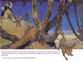 Mais en guise de réponse, la vieille mère serpent sauta sur le fennec et le mordit à la queue. Le
combat s’annonçait rude ! Heureusement, le cheikh fut réveillé par le vacarme et il arriva avec
ses chiens.
— Qui s’y frotte s’y pique ! ricana la vieille mère serpent.
 