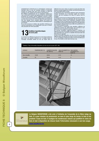 Prix: 100 fr.
©asblBOIS,1996
commencera alors à rouiller à partir de cet endroit. Il est dès
lors recommandé de toujours utiliser des vis en acier
inoxydable.
Suite au gonflement du bois, des tensions considérables
peuvent parfois se produire dans les vis. Les têtes de vis
peuvent ainsi se rompre. Les tensions seront plus importantes
suivant que le bois gonfle davantage et que sa résistance à la
compression est plus élevée (par ex. dans le cas de l’azobé).
Pour de tels bois, il faut veiller à ce que le taux d’humidité initial
ne soit pas inférieur à 15% et/ou à déserrer quelque peu les
vis après qu’elles aient été serrées.
Finition des terrasses en bois
4Si le bois est exposé sans protection au rayonnement solaire,
la couche extérieure, d’une épaisseur microscopique, se
décomposera sous cette profusion continuelle de lumière: le
bois prendra une teinte grisâtre. Dans les régions où l’air est
fort pollué, la teinte peut être plus sombre que le gris argenté
normal, suivant le degré de pollution de l’air. Le grisonnement
du bois peut uniquement être évité en appliquant sur le bois
une couche qui arrête les rayons UV. Cette couche doit être
pigmentée. Un vernis transparant n’arrête pas les rayons UV.
Le bois sous la couche de vernis va alors se dégrader, et le
vernis adhérera donc moins bien et s’écaillera.
Il est toutefois fort difficile de garder la couche de finition d’une
terrasse en bon état. En effet, l’on passe du jardin à la terrasse,
l’on déplace des meubles, etc. Dès lors, dans presque tous les
cas il est à conseiller de ne pas appliquer de couche de finition
et de laisser le bois grisonner.
En ce qui concerne l’application d’huiles, les avis sont
partagés. En tout cas, l’utilisation d’huiles végétales pures est à
déconseiller. Celles-ci peuvent en effet servir de sol nourricier
pour des micro-organismes indésirables.
Ce qui précède démontre, qu’il est relativement simple de
réaliser une terrasse en bois. Si l’on choisit une espèce de bois
appropriée et si l’on respecte les principes de construction, le
succès est assuré.
Fig. 4: Exemple de con-
struction d’une terrasse sur
le terrain ferme. Pour le di-
mensionnement des élé-
ments, voir les figures 2 et
3.
1. planches
2. chevrons (portée maxi-
male 1 m pour des che-
vrons de 52 x 52 mm posés
tous les 40 cm)
3. poutres en bois (portée
maximale 4,5 m pour des
poutres de 70 x 220 mm (8
x 23) posées tous les 1 m)
4. cailloux ou gravier
5. film synthétique noir per-
foré
6. couche de bitume ren-
forcée ou membrane syn-
thétique
7. couche de mortier en
pente
8. maçonnerie
9. fondations en béton mai-
gre
BIBLIOGRAPHIE
1
Institut belge de normalisation, NBN B 03-001
Principes généraux de détermination de la sécurité
et de l’aptitude au service des structures. Bruxelles,
IBN, 2e édition, 1988.
2
asbl BOIS, Fiches techniques d’espèces de bois.
1995.
3
Ministère des Communications et de
l’Infrastructure. STS 31 Charpenterie. Bruxelles,
MCI, Spécifications techniques unifiées, 1990.
4
Salomez L. Bois de structure: quelle qualité?
Bruxelles, Centre scientifique et technique de la
construction, CSTC-magazine, été 1994.
5
Van den Bossche T. et Lejeune G., La réalisation de
terrasses en bois, Centre Scientifique et Technique
de la Construction, CSTC magazine, automne
1994.
Publication à caractère technique visant à diffuser des
informations sur le matériau bois et ses applications. La
reproduction ou la traduction, même partielles, de la pré-
sente brochure n’est autorisée qu’avec le consentement
écrit de l’éditeur responsable.
4
Centre de Formation Bois (CFB)
Chaussée d’Alsemberg 830
1180 Bruxelles
Tél. 02/332.23.63
Centre Interfédéral
d’Information sur le Bois (asbl
BOIS)
Rue Royale 109-111
1000 Bruxelles
Centre Scientifique et technique de la
Construction (CSTC)
Rue de la Violette 21-23
1000 Bruxelles
Tél.: 02/502.66.90
CSTC
8
FICHETECHNIQUE8©BelgianWoodforum
Le Belgian WOODFORUM a été créé à l’initiative de l’ensemble de la filière belge du
bois. Il a pour mission de promouvoir, au sens le plus large du terme, le bois et les
produits à base de bois. Il souligne les nombreuses raisons qui justifient le choix du
bois et met à disposition de chacun toute l’information nécessaire à son bon usage.
www.woodforum.be
préalablement contaminé par un champignon, comme par
exemple dans le cas de meubles, lambris et éléments
anciens en contact avec des murs humides ou dans les
endroits où l’air ambiant est humide en permanence;
l le Ptilinus pectinicornis est un coléoptère relativement
rare, connu pour creuser ses galeries dans du bois humide
provenant de certains arbres indigènes comme le hêtre,
l’orme, le charme et l’érable; il s’attaque aux troncs abattus et
au bois mis en oeuvre en milieu humide. Dès que le bois est
sec, tout danger d’une nouvelle attaque est écarté, les
conditions étant devenues défavorables au développement
de l’insecte.
En ce qui concerne la finition des escaliers intérieurs, les
mêmes prescriptions sont d’application que pour la finition
des parquets (voir fiche parquets).
Conditions hygrothermiques
lors de la pose
13Le moment où s’effectue la pose de la menuiserie intérieure
peut avoir une grande influence sur la qualité finale de
l’ouvrage. L’humidité relative de l’air qui règne dans le
bâtiment lors de la mise en oeuvre ne peut pas être trop
élevée. Il convient également d’éviter de fortes fluctuations du
taux d’humidité après la pose.
Le placement de la menuiserie intérieure peut commencer
lorsque l’architecte et le menuisier jugent, de commun
accord, que les conditions de mise en oeuvre sont fa-
vorables.
Toutefois, il arrive que l’on doive procéder à la pose, même si
les conditions ne sont pas optimales, afin de ne pas devoir
différer d’autres travaux dont l’exécution nécessite l’accès
aux étages, et donc le placement de l’escalier. Dans ce cas, il
ne sera bien souvent pas possible d’éviter que des désordres
se produisent ultérieurement sous l’effet d’un gonflement ou
d’un retrait excessif du bois.
C’est pourquoi le placement des escaliers s’effectue de
préférence lorsque les plafonnages sont terminés et suf-
fisamment secs, et après la pose des vitrages.
De bonnes conditions hygrothermiques à l’intérieur du
bâtiment et un taux d’humidité correct du bois lors de la pose
sont essentiels pour garantir la stabilité dimensionnelle des
éléments d’un escalier.
Le taux d’humidité d’équilibre du bois lors de la pose sera
différent selon que les lieux de mise en oeuvre sont chauffés
ou non. Le tableau 3 indique les valeurs recommandées pour
le taux d’humidité du bois dans les deux cas.
bTableau 3 Taux d’humidité d’équilibre du bois lors de la pose (NIT 166)
LOCAUX TEMPERATURE (°C) HUMIDITE RELATIVE
DE L’AIR (%)
TAUX D’HUMIDITE DU
BOIS (%)
TAUX MOYEN
D’HUMIDITE DU
BOIS (%)
Non chauffés 10-20 45-65 8-12 10
Chauffés 20 30-50 6-10 8
 