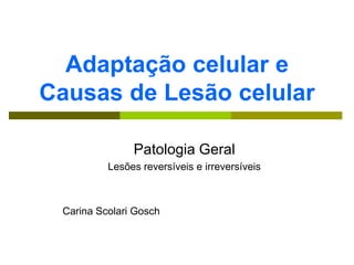 Adaptação celular e
Causas de Lesão celular

               Patologia Geral
          Lesões reversíveis e irreversíveis



 Carina Scolari Gosch
 