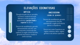 ELEVAÇÕES EDEMATOSAS
URTICA
Elevação da pele, de cor vermelha
ou branco-rosada de duração
efêmera e muito pruriginosa,
acometendo a porção média e
superior da derme.
Decorre da vasodilatação, gerando
extravasamento vascular, com
consequente compressão dos
capilares na região central da lesão,
gerando área branco-rosada no
centro da lesão.
ANGIOEDEMA
(EDEMA DE QUINCKE)
Decorre da vasodilatação, gerando
extravasamento vascular,
acometendo a região profunda da
derme e a hipoderme.
Ocorre com maior frequência nas
regiões orbitárias, lábios, regiões
genitais e vias aéreas superiores.
 
