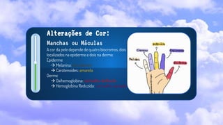 Alterações de Cor:
Manchas ou Máculas
A cor da pele depende de quatro biocromos, dois
localizados na epiderme e dois na derme.
Epiderme
 Melanina: cor marrom
 Carotenoides: amarela
Derme
 Oxihemoglobina: vermelho-brilhante
 Hemoglobina Reduzida: vermelho-azulada
 