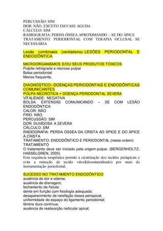 PERCUSSÃO: SIM
DOR: NÃO, EXCETO EM FASE AGUDA
CÁLCULO: SIM
RADIOGRAFIA: PERDA ÓSSEA APROXIMANDO – SE DO ÁPICE
TRATAMENTO: PERIODONTAL COM TERAPIA OCLUSAL SE
NECESSÁRIA
Lesão combinada (verdadeira)- LESÕES PERIODONTAL E
ENDODÔNTICA
MICROORGANISMOS E/OU SEUS PRODUTOS TÓXICOS
Pulpite retrógrada e necrose pulpar
Bolsa periodontal
Menos frequente.
DIAGNÓSTICO–DOENÇAS PERIODONTAIS E ENDODÔNTICAS
COMUNICANTES
POLPA NECRÓTICA + DOENÇA PERIODONTAL SEVERA
VITALIDADE: NEGATIVA
BOLSA: EXTENSAS COMUNICANDO – SE COM LESÃO
ENDODÔNTICA
CALOR: NÃO
FRIO: NÃO
PERCUSSÃO: SIM
DOR: DUVIDOSA A SEVERA
CÁLCULO: SIM
RADIOGRAFIA: PERDA ÓSSEA DA CRISTA AO ÁPICE E DO ÁPICE
À CRISTA
TRATAMENTO: ENDODÔNTICO E PERIODONTAL (nesta ordem)
TRATAMENTO
O tratamento deve ser iniciado pela origem pulpar. (BERGENHOLTZ;
HASSELGREN, 2005)
Esta sequência terapêutica permite a cicatrização dos tecidos periapicais e
evita a remoção de tecido viável(desmineralizado) por meio da
instrumentação periodontal.
SUCESSO NO TRATAMENTO ENDODÔNTICO
ausência de dor e edema;
ausência de drenagem;
fechamento de fístula;
dente em função com fisiologia adequada;
desaparecimento de rarefação óssea periapical;
uniformidade do espaço do ligamento periodontal;
lâmina dura contínua;
ausência de reabsorção radicular apical;
 
