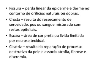 • Fissura – perda linear da epiderme e derme no
contorno de orifícios naturais ou dobras.
• Crosta – resulta do ressecamento de
serosidade, pus ou sangue misturado com
restos epiteliais.
• Escara – área de cor preta ou lívida limitada
por necrose tecidual.
• Cicatriz – resulta da reparação de processo
destrutivo da pele e associa atrofia, fibrose e
discromia.
 