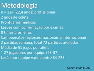 Cohen et al. (1997)
n = 124 (22,4 anos) profissionais
2 anos de coleta
Prontuários médicos
Lesões com confirmação por exames
8 times brasileiros
Campeonatos regionais, nacionais e internacionais
2 partidas semana, total 72 partidas avaliadas
Média de 51 jogos por atleta
~ 27 jogadores por equipe (23-37)
Lesão por equipe variou entre 84-233
 