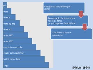 gelo
trote 8
trote zig-zag
trote
trote 90°
trote 180°
trote 360°
exercícios com bola
chute, pulo, sprinting
treino com o time
jogo
Ekblon (1994)
Redução da dor/inflamação
(RICE)
Recuperação da simetria em
relação a força,
propriocepção e flexibilidade
Transferência para o
movimento
 