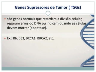 Genes Supressores de Tumor ( TSGs)
 são genes normais que retardam a divisão celular,
reparam erros do DNA ou indicam quando as células
devem morrer (apoptose).
 Ex.: Rb, p53, BRCA1, BRCA2, etc.
 
