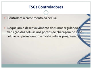 TSGs Controladores
 Controlam o crescimento da célula.
 Bloqueiam o desenvolvimento do tumor regulando a
transição das células nos pontos de checagem no ciclo
celular ou promovendo a morte celular programada.
 