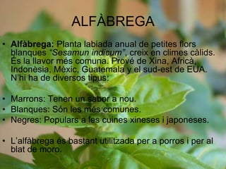 ALFÀBREGAAlfàbrega: Planta labiada anual de petites flors blanques “Sesamun indicum”, creix en climes càlids. És la llavor més comuna. Prové de Xina, Africà, Indonèsia, Mèxic, Guatemala y el sud-est de EUA. N’hi ha de diversos tipus:Marrons: Tenen un sabor a nou.Blanques: Són les més comunes.Negres: Populars a les cuines xineses i japoneses.L’alfàbrega és bastant utilitzada per a porros i per al blat de moro.