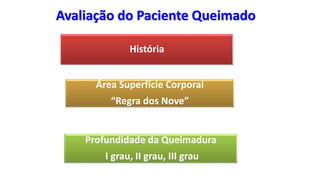 Avaliação do Paciente Queimado
História
Área Superfície Corporal
“Regra dos Nove”
Profundidade da Queimadura
I grau, II grau, III grau
 
