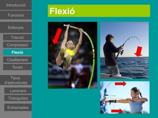 Introducció

 Funcions
                Flexió
 Esforços
 Esforços
 Esforços

  Tracció
   Tracció
  Tracció
Compressió
 Compressió
Compressió
   Flexió
    Flexió
   Flexió
Cisallament
 Cisallament
   Torsió
    Torsió
   Tipus
d’estructures
   Tipus
d’estructures
Estructures
estramades
Estructures
   Laminars
estramades
Estructures
 Triangulars
triangulars
Estructures
 triangulars
  Entramades
 
