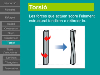 Introducció

 Funcions       Torsió
 Esforços
 Esforços
 Esforços
                Les forces que actuen sobre l’element
                estructural tendixen a retòrcer-lo.
  Tracció
   Tracció
  Tracció
Compressió
 Compressió
Compressió
   Flexió
    Flexió
   Flexió
Cisallament
 Cisallament
   Torsió
    Torsió
   Tipus
d’estructures
   Tipus
d’estructures
Estructures
estramades
Estructures
   Laminars
estramades
Estructures
 Triangulars
triangulars
Estructures
 triangulars
  Entramades
 