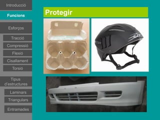 Introducció

 Funcions
 Funcions
                Protegir

 Esforços
 Esforços
 Esforços

  Tracció
   Tracció
  Tracció
Compressió
 Compressió
Compressió
   Flexió
    Flexió
   Flexió
   Flexió
Cisallament
 Cisallament
   Torsió
    Torsió
   Tipus
d’estructures
   Tipus
d’estructures
Estructures
estramades
Estructures
   Laminars
estramades
Estructures
 Triangulars
triangulars
Estructures
 triangulars
  Entramades
 