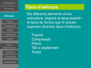 Introducció

 Funcions
                Tipus d’esforços

 Esforços
                Els diferents elements d’una
 Esforços
                estructura, segons la seua posició i
  Tracció
   Tracció
  Tracció       el tipus de forces que hi actuen
Compressió
 Compressió
Compressió      suporten diversos tipus d’esforços
   Flexió
    Flexió
   Flexió
Cisallament
 Cisallament      Tracció
   Torsió
    Torsió        Compressió
   Tipus
d’estructures     Flexió
   Tipus
d’estructures
Estructures       Tall o cisallament
estramades
Estructures
   Laminars       Torsió
estramades
Estructures
 Triangulars
triangulars
Estructures
 triangulars
  Entramades
 