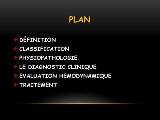 PLAN
 DÉFINITION
 CLASSIFICATION
 PHYSIOPATHOLOGIE
 LE DIAGNOSTIC CLINIQUE
 EVALUATION HEMODYNAMIQUE
 TRAITEMENT
 