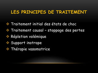 LES PRINCIPES DE TRAITEMENT
 Traitement initial des états de choc
 Traitement causal – stoppage des pertes
 Répletion volémique
 Support inotrope
 Thérapie vasomotrice
 