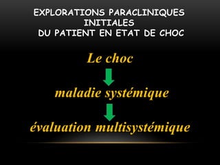 EXPLORATIONS PARACLINIQUES
INITIALES
DU PATIENT EN ETAT DE CHOC
Le choc
maladie systémique
évaluation multisystémique
 
