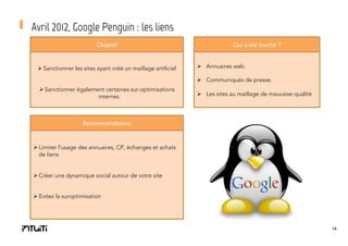 Avril 2012, Google Penguin : les liens
Objectif

Ø Sanctionner les sites ayant créé un maillage artificiel

Qui a été touché ?

Ø  Annuaires web.
Ø  Communiqués de presse.

Ø Sanctionner également certaines sur-optimisations
internes.

Ø  Les sites au maillage de mauvaise qualité

Recommandations

Ø Limiter l’usage des annuaires, CP, échanges et achats
de liens
Ø Créer une dynamique social autour de votre site
Ø Evitez la suroptimisation

14

 