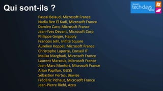 Qui sont-ils ?
         Pascal Belaud, Microsoft France
         Nadia Ben El Kadi, Microsoft France
         Damien Caro, Microsoft France
         Jean-Yves Devant, Microsoft Corp
         Philippe Geiger, Happly
         Francois Jehl, Inifite Square
         Aurelien Koppel, Microsoft France
         Christophe Laporte, Conseil IT
         Malika Marghadi, Microsoft France
         Laurent Marzouk, Microsoft France
         Jean-Marc Monfort, Microsoft France
         Arian Papillon, GUSS
         Sébastien Pertus, Bewise
         Frédéric Pichaut, Microsoft France
         Jean-Pierre Riehl, Azeo
 