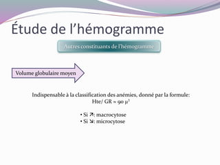 Étude de l’hémogramme
Autres constituants de l’hémogramme
CCMH
Rapport entre teneur globulaire moyenne en hémoglobine et l...