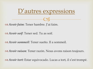 
 Avoir faim: Tener hambre. J’ai faim.
 Avoir soif: Tener sed. Tu as soif.
 Avoir sommeil: Tener sueño. Il a sommeil.
 Avoir raison: Tener razón. Nous avons raison toujours.
 Avoir tort: Estar equivocado. Lucas a tort, il s’est trompé.
D’autres expressions
 