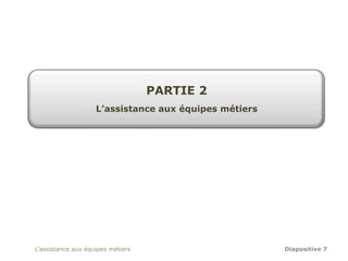 PARTIE 2
                    L’assistance aux équipes métiers




L’assistance aux équipes métiers                       Diapositive 7
 